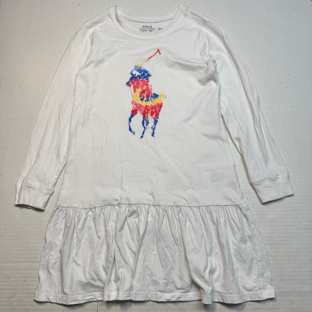 Ralph Lauren Girls' Size M (8-10) Big Pony Cotton Jersey Dress In White